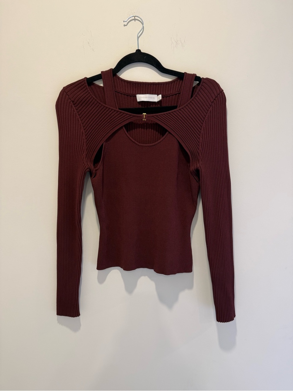 Jonathan Simkhai Ribbed Cutout Long-Sleeve Top in Burgundy